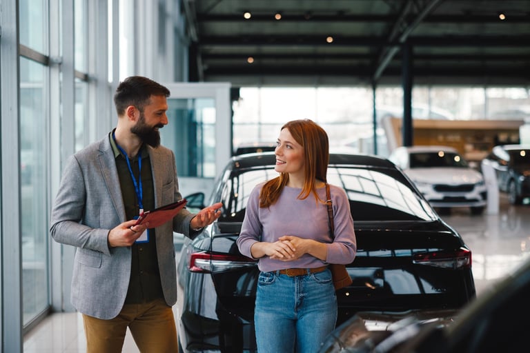 Salesman explaining car features to female customer