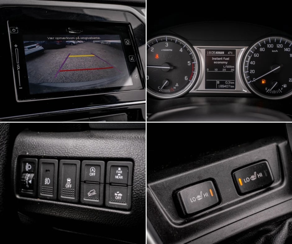 Car interior dashboard controls including backup camera display, instrument gauges, button panel, and steering wheel mounted controls