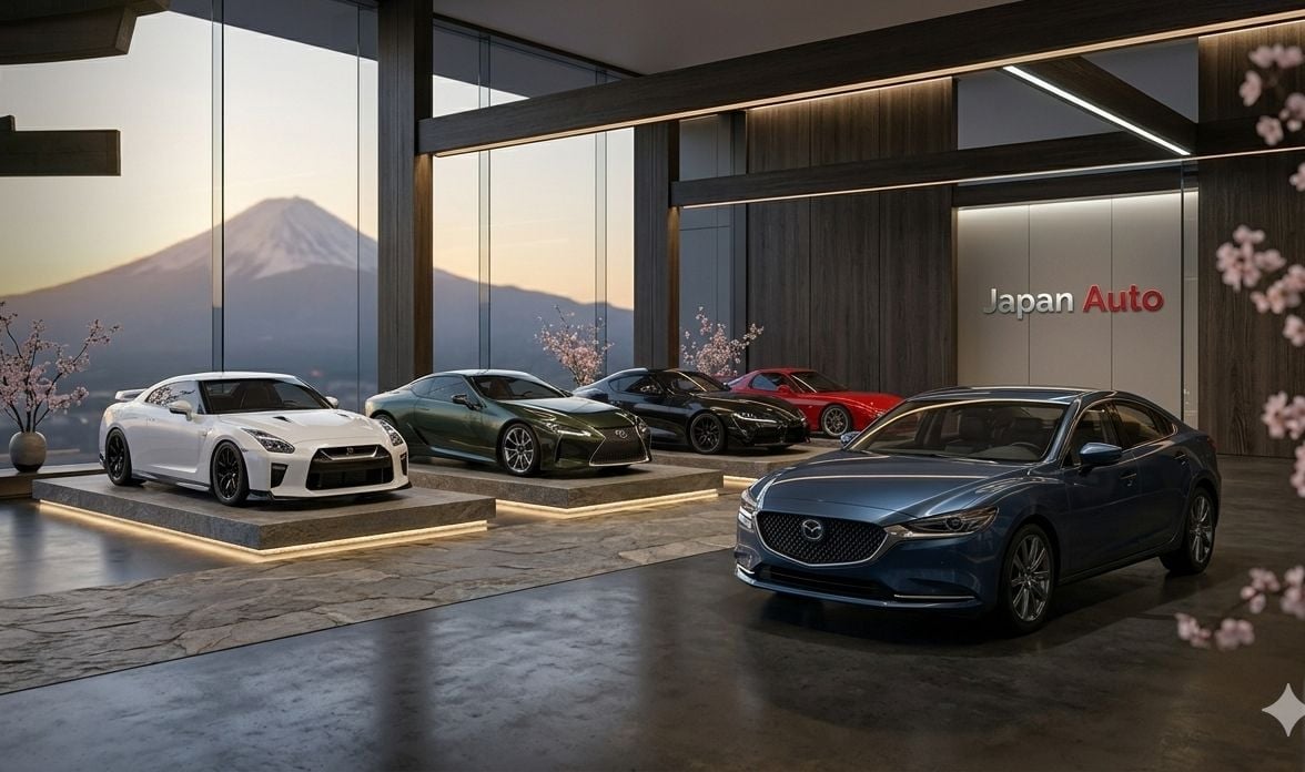 Luxury car showroom displaying five vehicles with Mount Fuji visible through floor-to-ceiling windows and Japan Auto branding