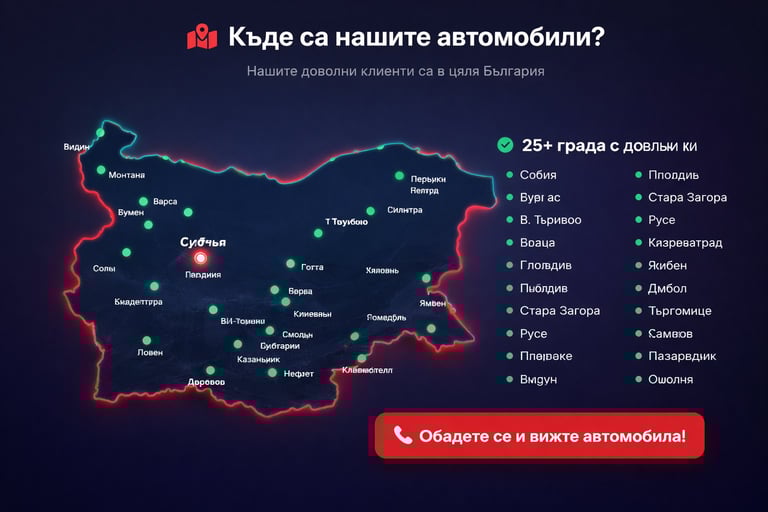 Map of Bulgaria showing cities with over 25,000 residents marked with green dots and major cities highlighted in red, with a red call-to-action button at the bottom