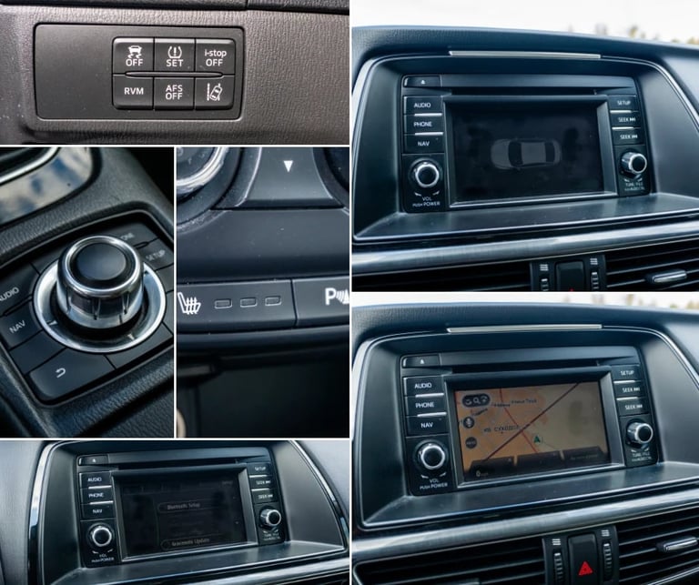 Collage of car interior dashboard controls showing infotainment system, climate controls, and navigation display screens
