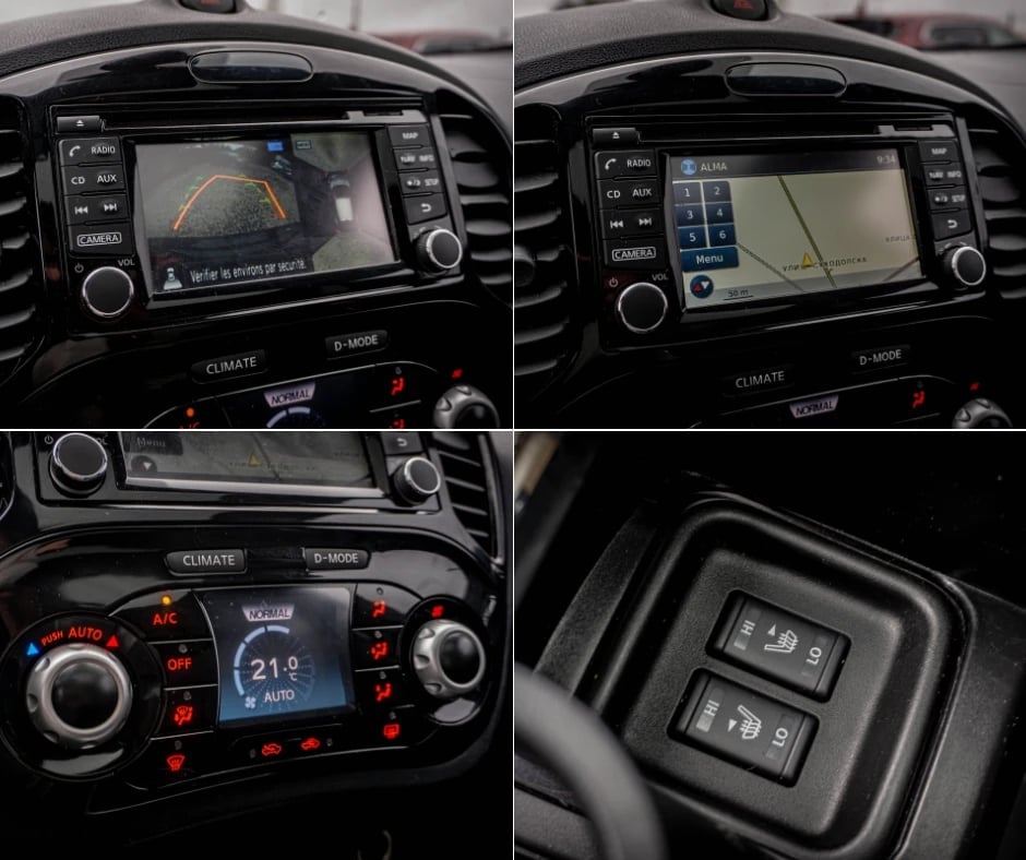 Car dashboard infotainment system features showing navigation map, climate controls, and steering wheel buttons