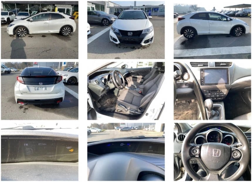 Collage of 9 photos showing different views of white Honda vehicles, including exteriors, interiors, dashboard, and steering wheel details