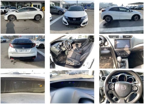 Collage of 9 photos showing different views of white Honda vehicles, including exteriors, interiors, dashboard, and steering wheel details