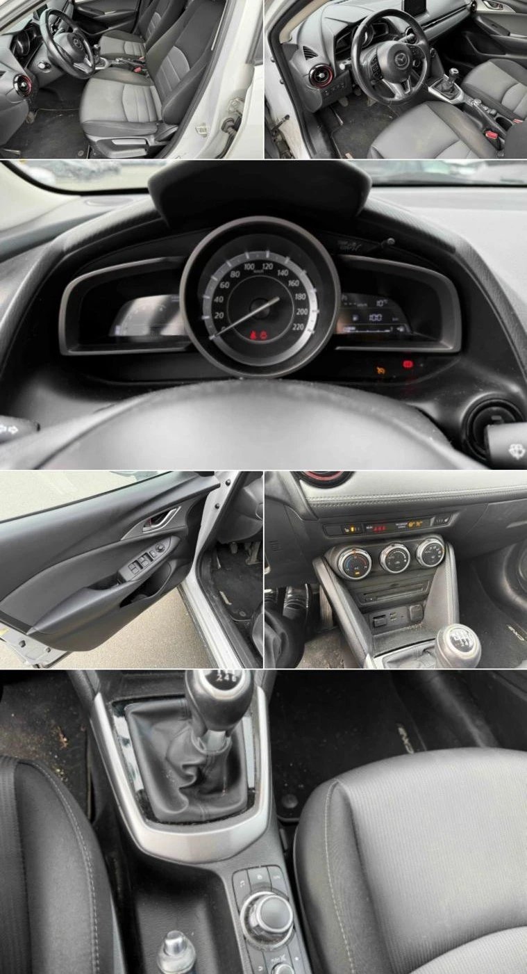 Composite view of car interior showing dashboard, steering wheel, seats, center console, and manual transmission shifter