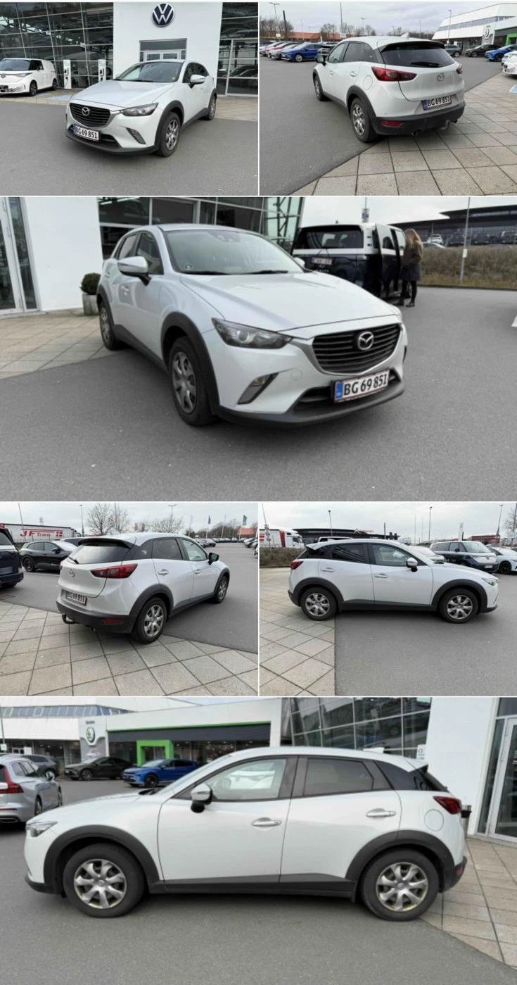 Collage of six white Mazda CX-3 compact SUVs shown from various angles in a dealership parking lot